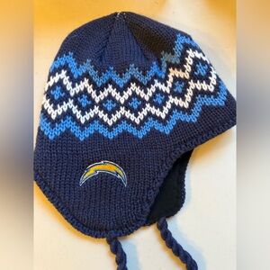 Blue and White Knit Earflap Beanie chargers